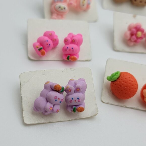 Kids Earrings Stud Multicolor Plastic Lot Of 20 Pairs Bunny Bear Orange Flower - Picture 2 of 12